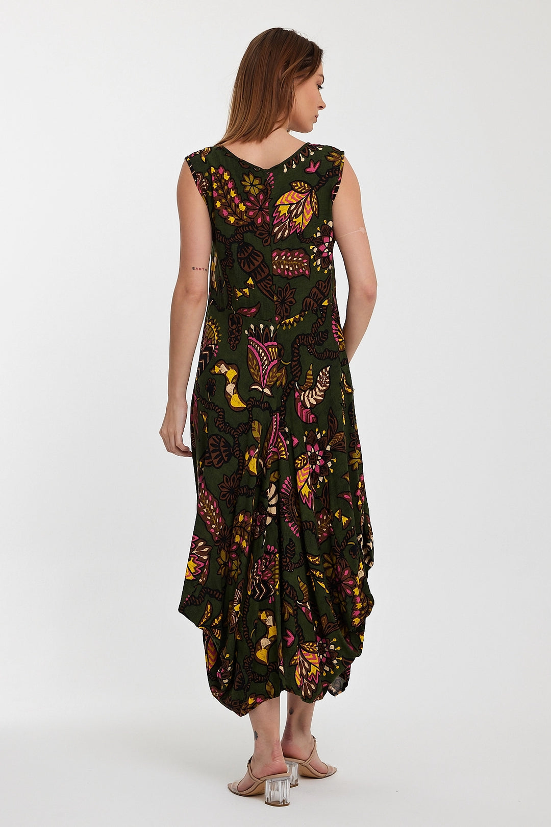 Maxi Boy Haki Bicycle Collar Double Pocket Zero Sleeve Flower Pattern Comfortable Fit Dress BCVL-242014 - Tezonapa