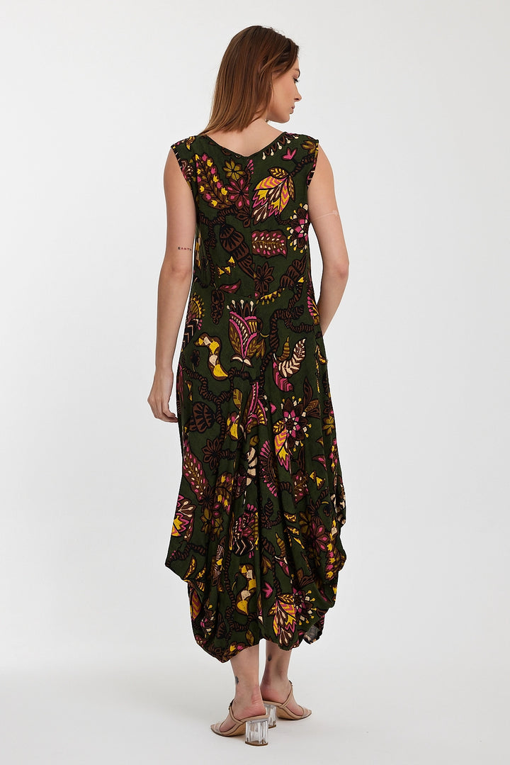 Maxi Boy Haki Bicycle Collar Double Pocket Zero Sleeve Flower Pattern Comfortable Fit Dress BCVL-242014 - Tezonapa