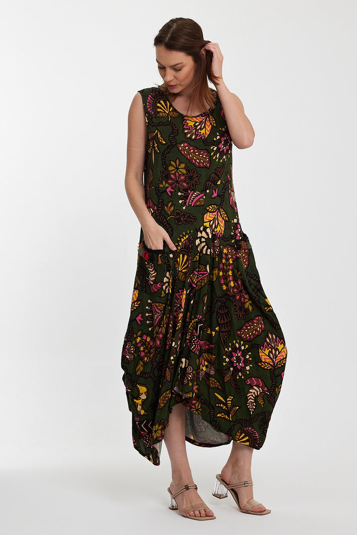 Maxi Boy Haki Bicycle Collar Double Pocket Zero Sleeve Flower Pattern Comfortable Fit Dress BCVL-242014 - Tezonapa
