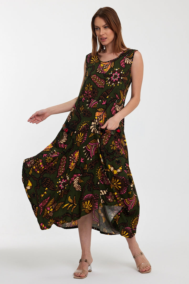Maxi Boy Haki Bicycle Collar Double Pocket Zero Sleeve Flower Pattern Comfortable Fit Dress BCVL-242014 - Tezonapa