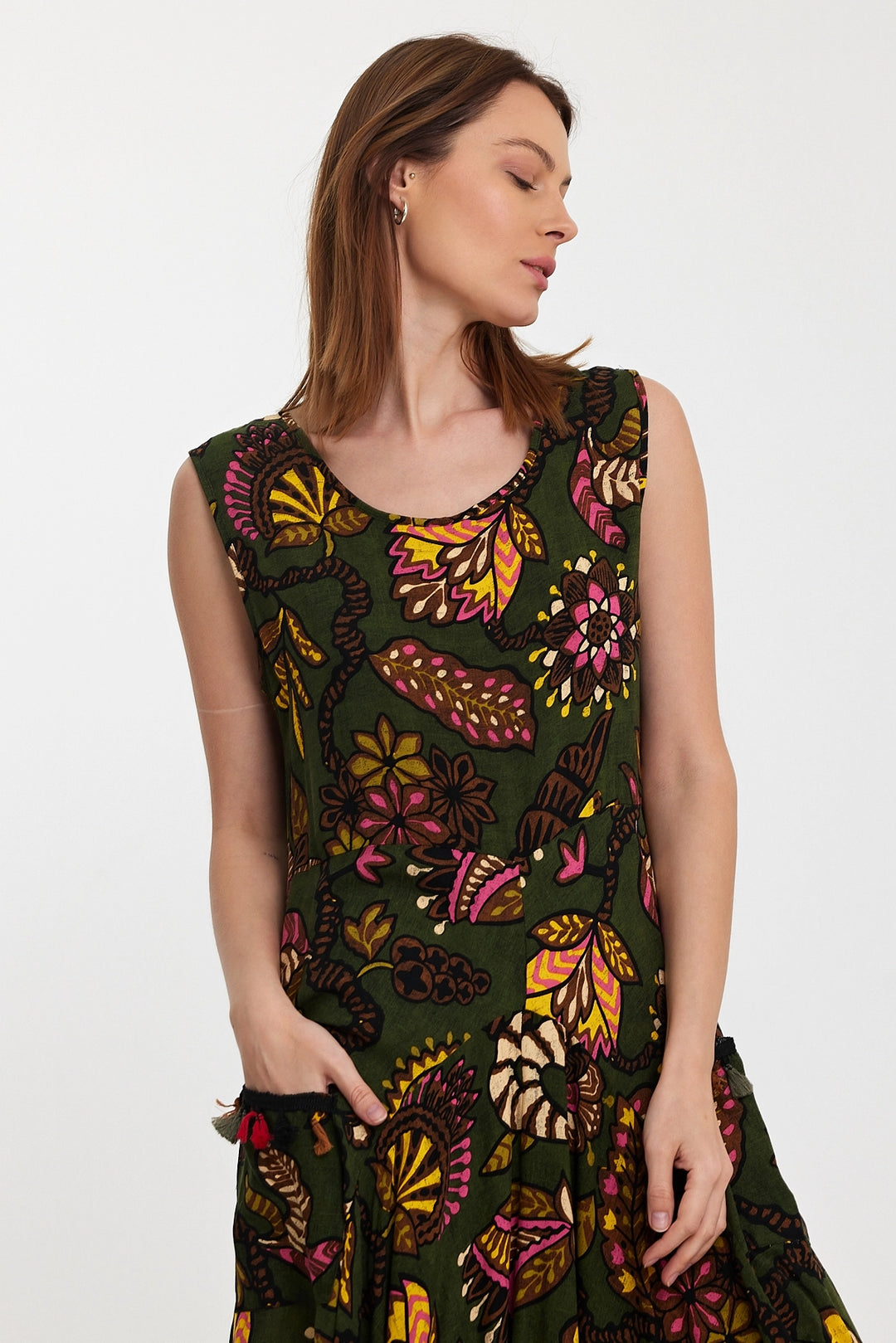 Maxi Boy Haki Bicycle Collar Double Pocket Zero Sleeve Flower Pattern Comfortable Fit Dress BCVL-242014 - Tezonapa