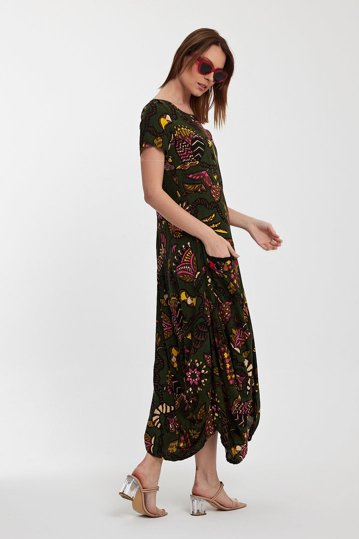Maxi Boy Haki Bicycle Collar Double Pocket Half Sleeve Flower Pattern Loose Fit Dress BCVL-242128 - Prince Albert