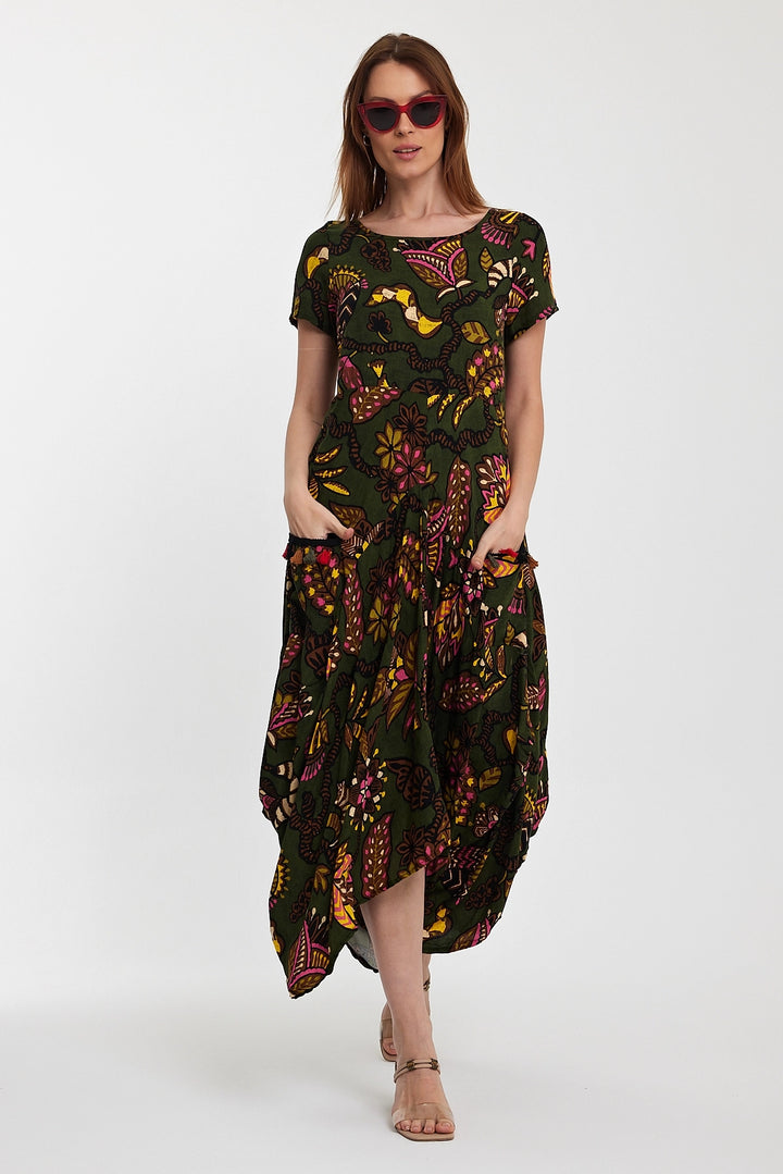 Maxi Boy Haki Bicycle Collar Double Pocket Half Sleeve Flower Pattern Loose Fit Dress BCVL-242128 - Prince Albert