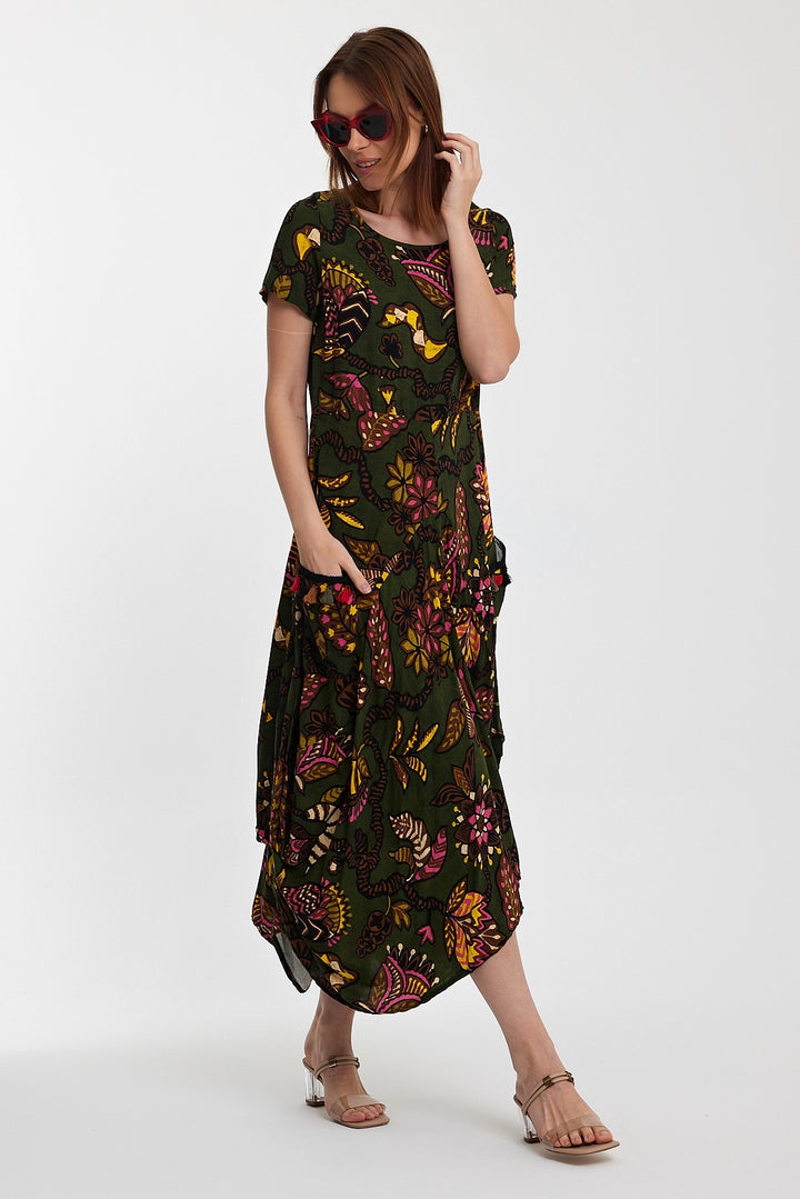 Maxi Boy Haki Bicycle Collar Double Pocket Half Sleeve Flower Pattern Loose Fit Dress BCVL-242128 - Prince Albert