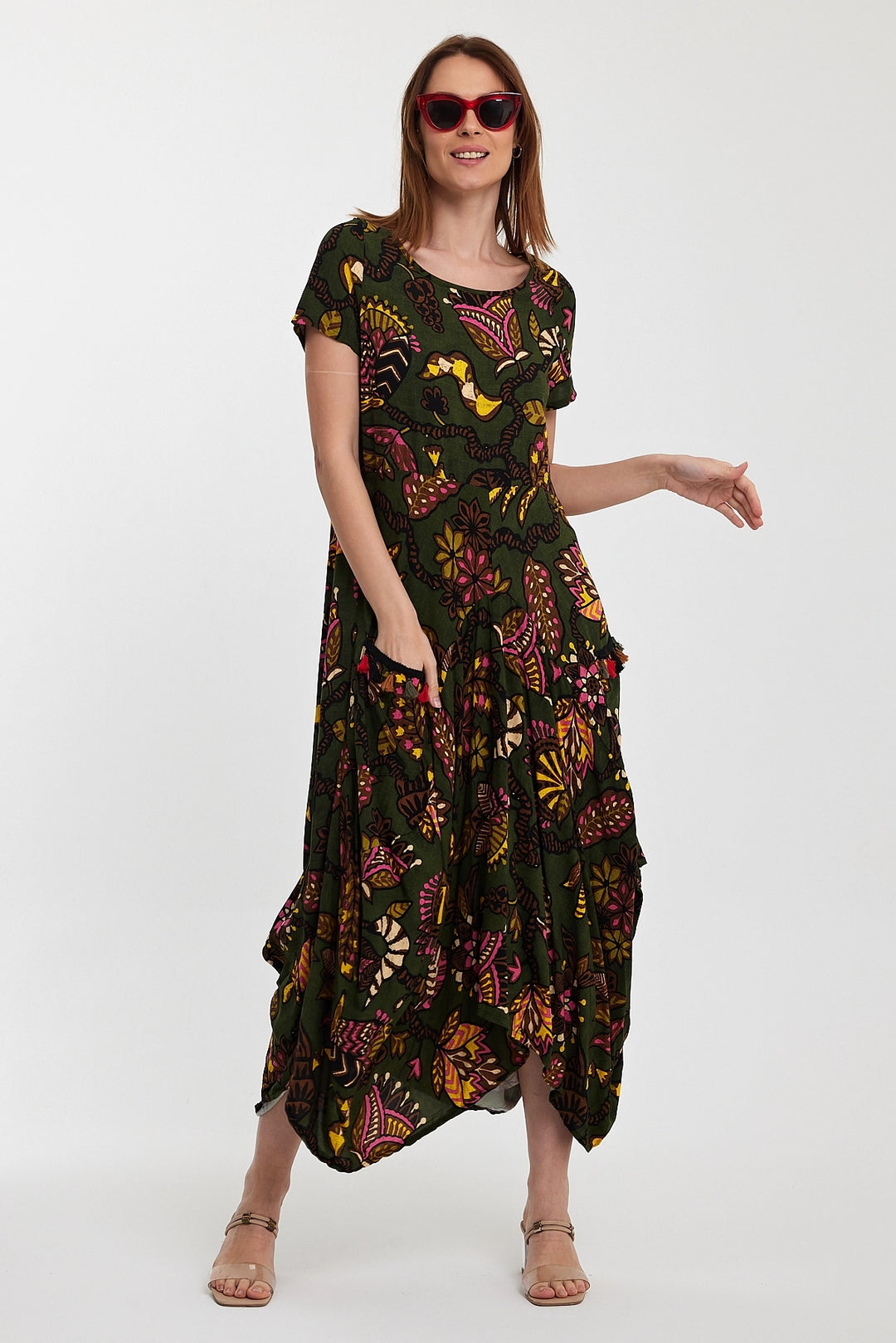Maxi Boy Haki Bicycle Collar Double Pocket Half Sleeve Flower Pattern Loose Fit Dress BCVL-242128 - Prince Albert