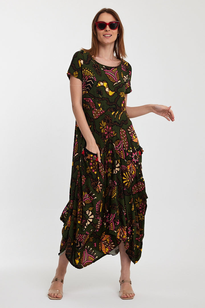Maxi Boy Haki Bicycle Collar Double Pocket Half Sleeve Flower Pattern Loose Fit Dress BCVL-242128 - Prince Albert