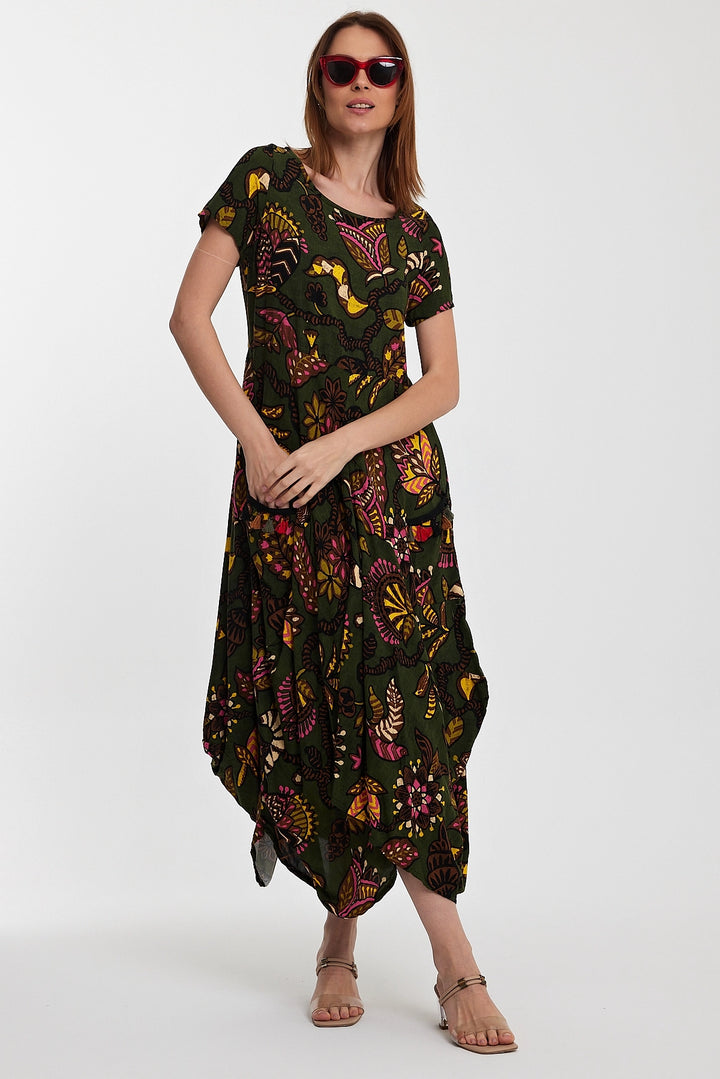 Maxi Boy Haki Bicycle Collar Double Pocket Half Sleeve Flower Pattern Loose Fit Dress BCVL-242128 - Prince Albert