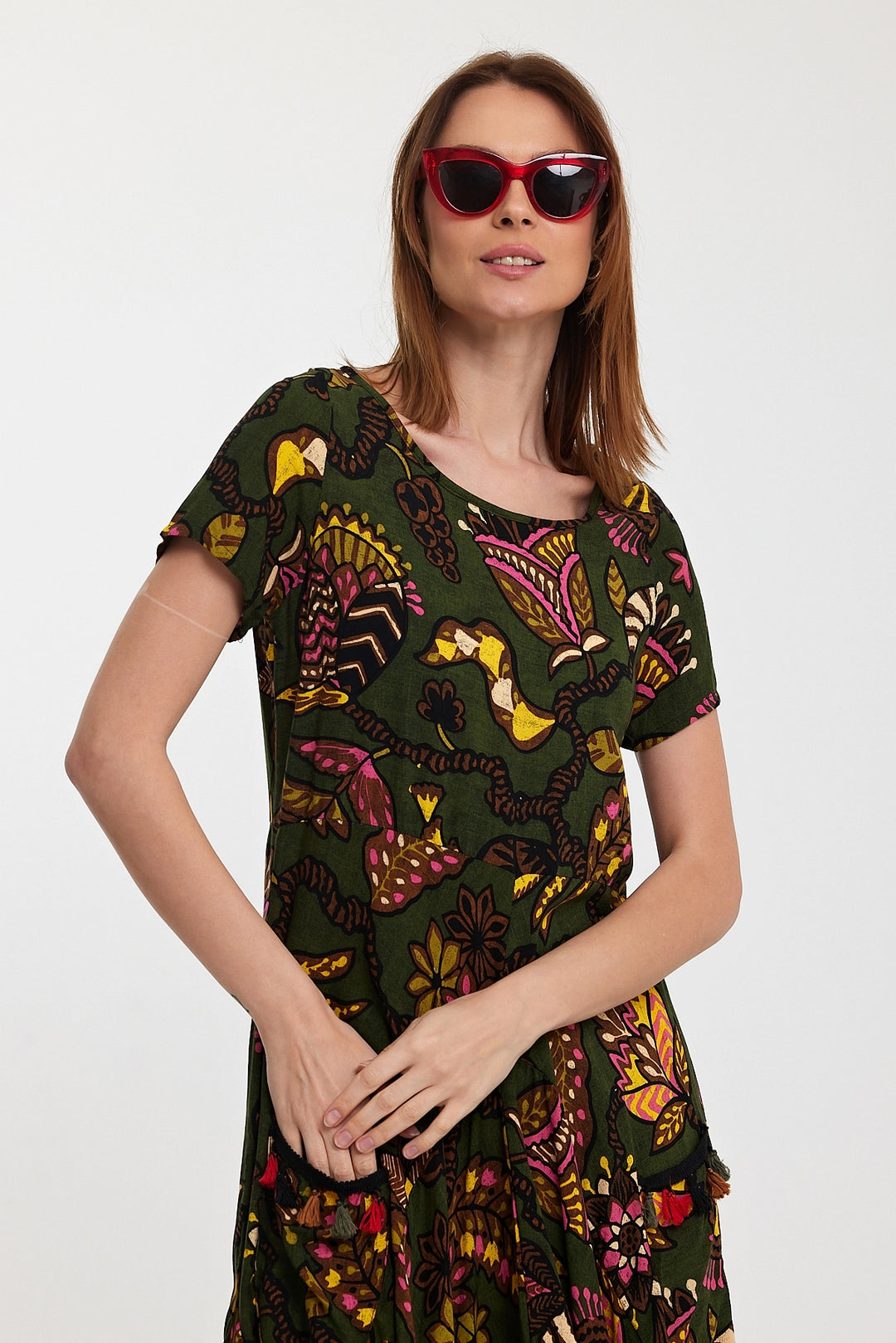 Maxi Boy Haki Bicycle Collar Double Pocket Half Sleeve Flower Pattern Loose Fit Dress BCVL-242128 - Prince Albert