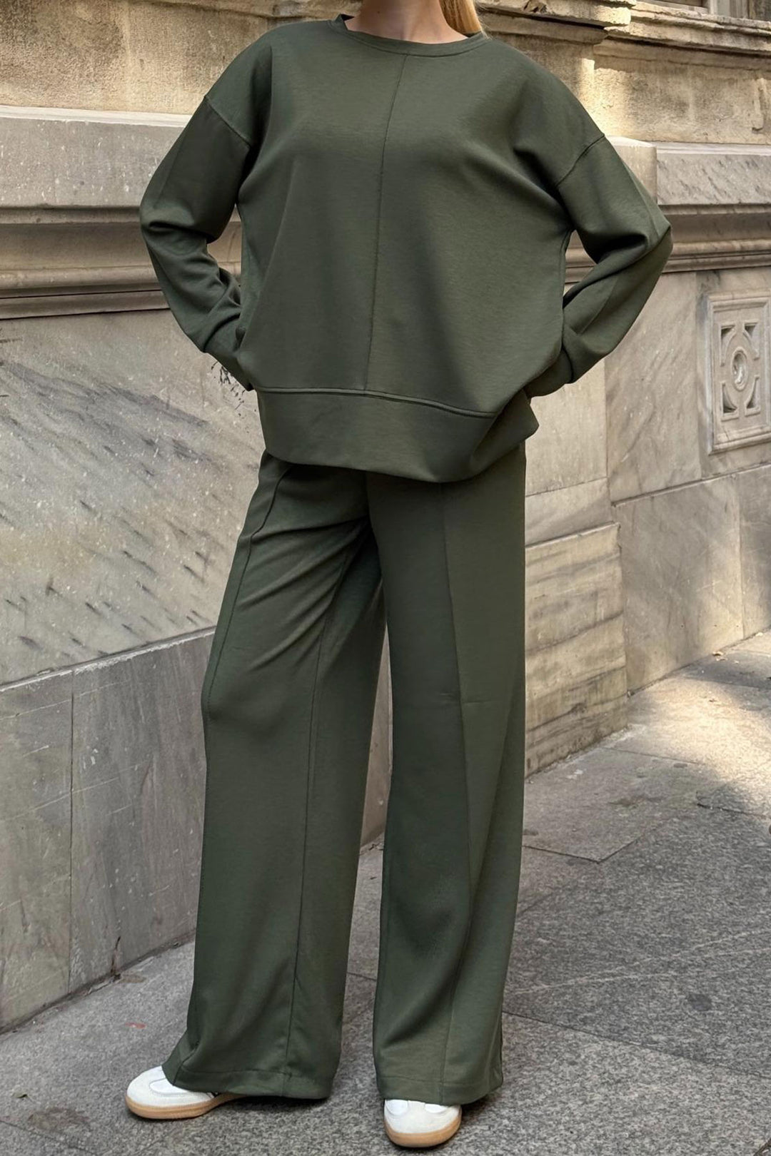 Haki Bicycle Collar Slit Detailed Blouse and Comfortable Fit Pants Modal Top Bottom Set BCVL-25V215 - Aachen