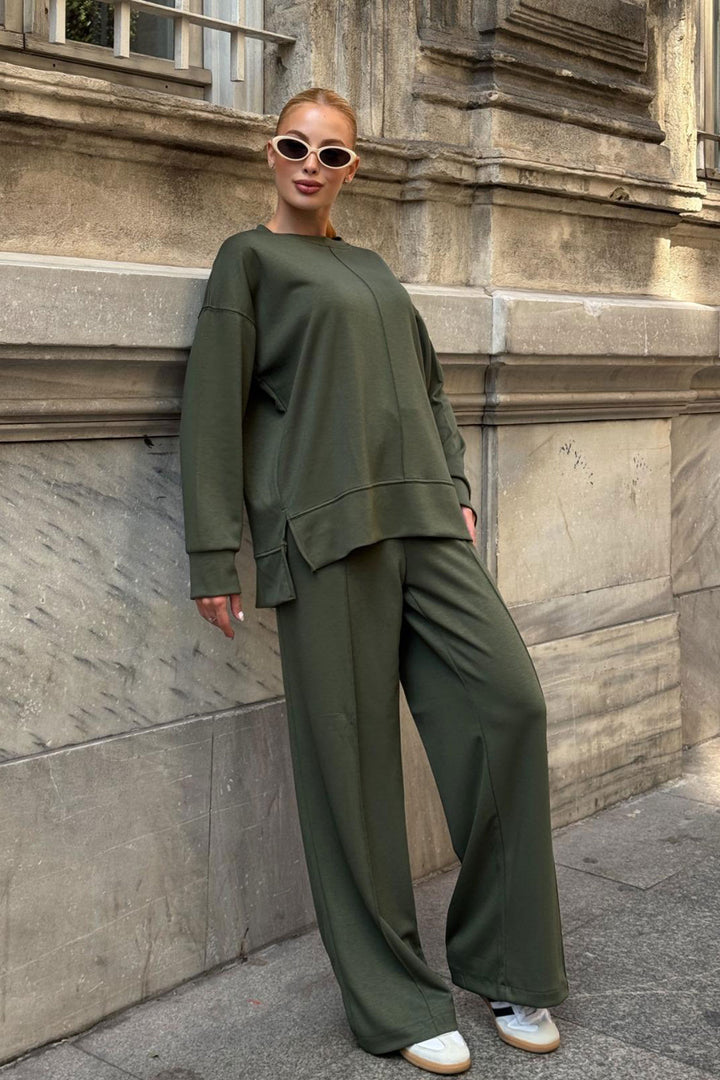 Haki Bicycle Collar Slit Detailed Blouse and Comfortable Fit Pants Modal Top Bottom Set BCVL-25V215 - Aachen