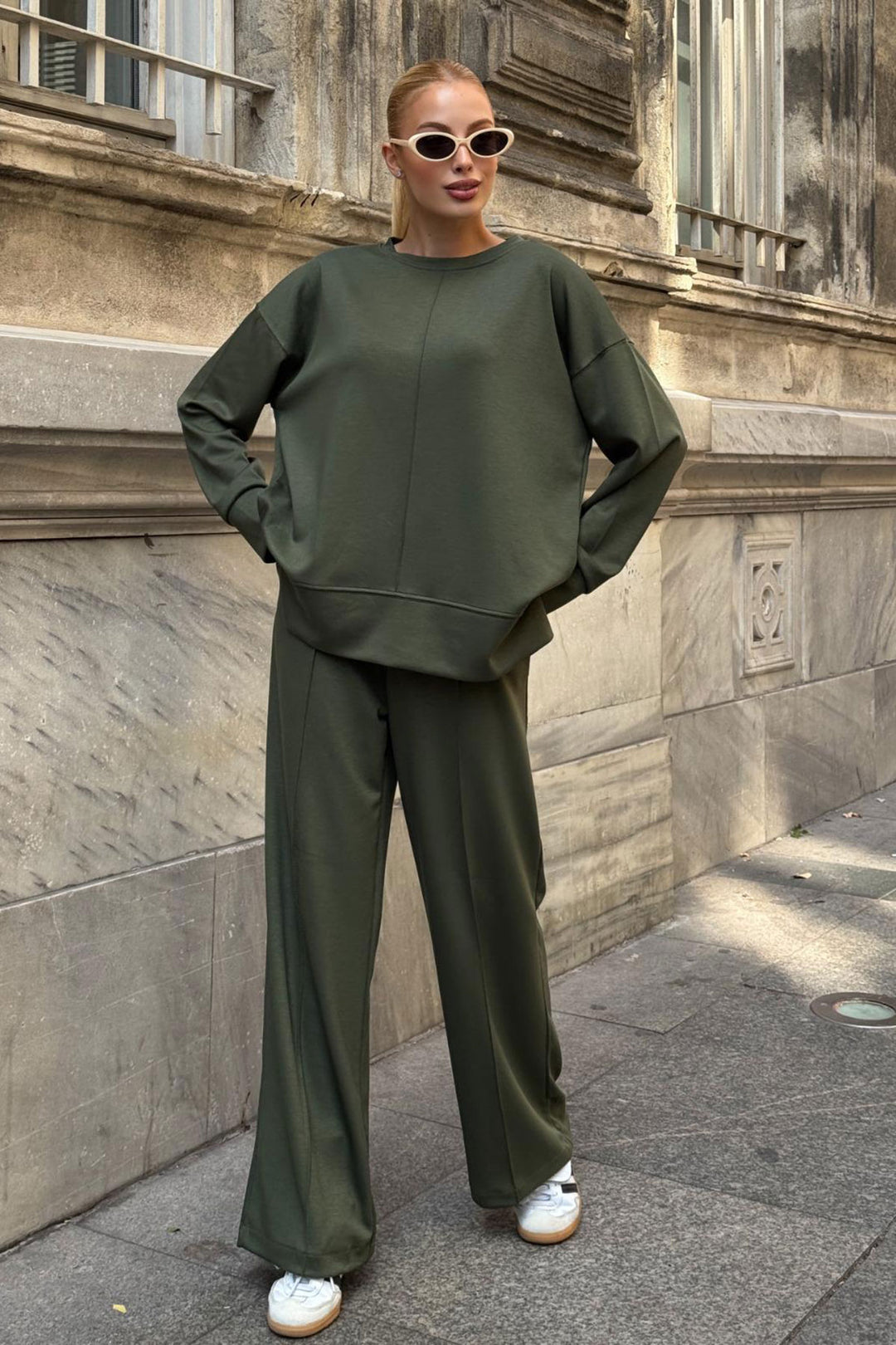 Haki Bicycle Collar Slit Detailed Blouse and Comfortable Fit Pants Modal Top Bottom Set BCVL-25V215 - Aachen