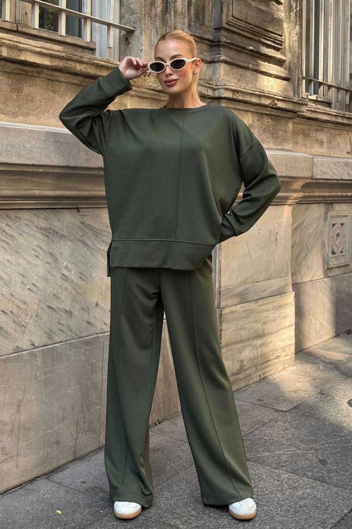 Haki Bicycle Collar Slit Detailed Blouse and Comfortable Fit Pants Modal Top Bottom Set BCVL-25V215 - Aachen