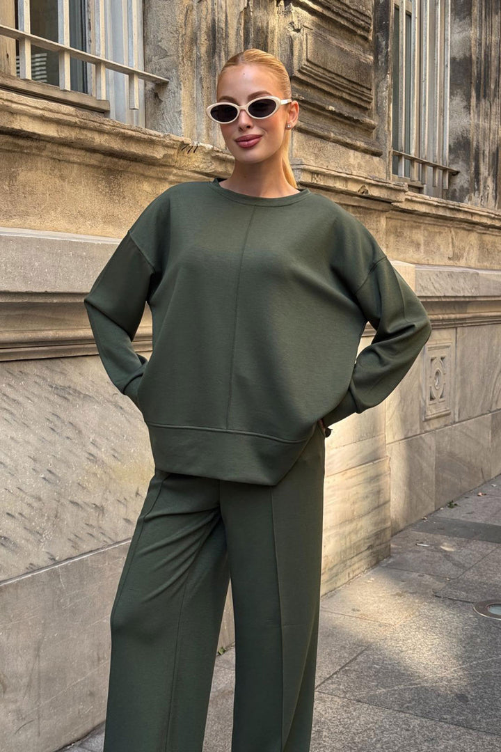 Haki Bicycle Collar Slit Detailed Blouse and Comfortable Fit Pants Modal Top Bottom Set BCVL-25V215 - Aachen