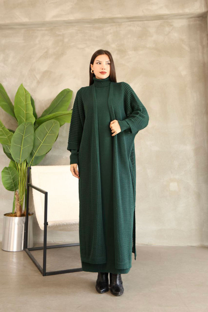 Haki Boğazlı Long Sleeve Knit Dress and Long Cardigan Hijab Top Bottom Knit Set BCES-252039 - Mansfield
