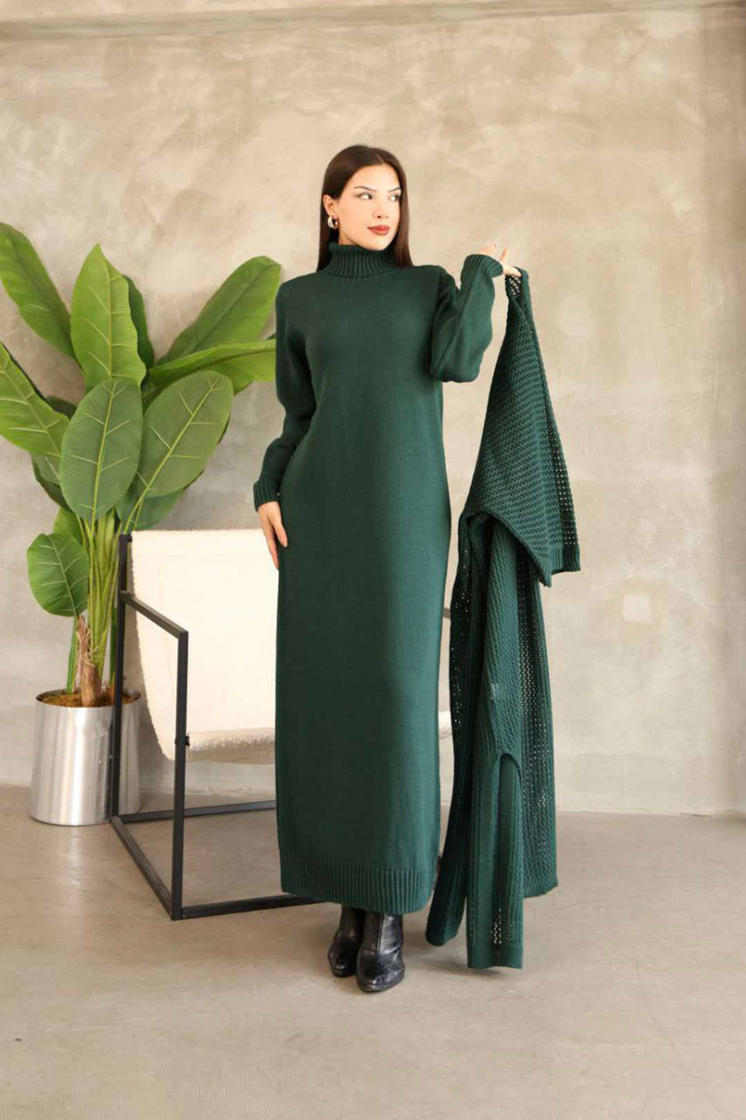 Haki Boğazlı Long Sleeve Knit Dress and Long Cardigan Hijab Top Bottom Knit Set BCES-252039 - Mansfield