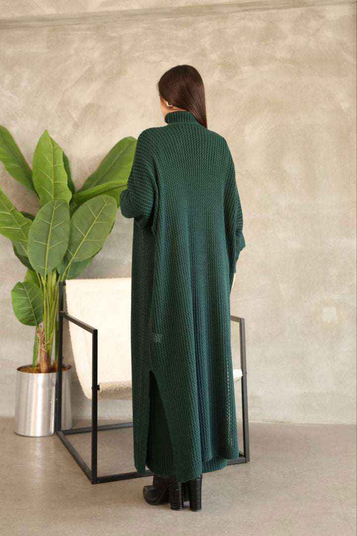 Haki Boğazlı Long Sleeve Knit Dress and Long Cardigan Hijab Top Bottom Knit Set BCES-252039 - Mansfield