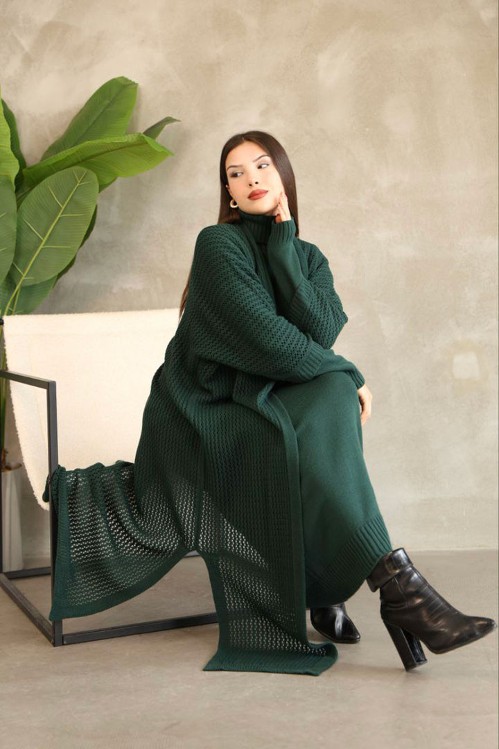 Haki Boğazlı Long Sleeve Knit Dress and Long Cardigan Hijab Top Bottom Knit Set BCES-252039 - Mansfield