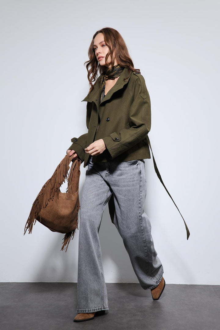 ANT Antioch Khaki Shawl Collar Double Breasted Trench Coat - Ankeny