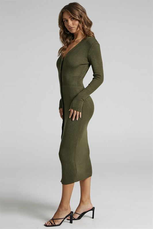MDX Haki Buttoned V-Neck Long Knit Dress MG1703 - Westmont