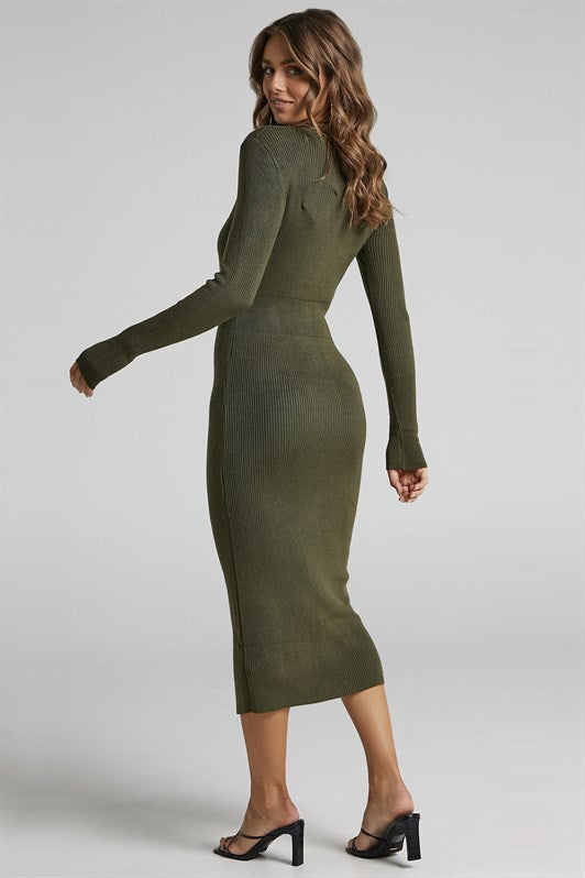 MDX Haki Buttoned V-Neck Long Knit Dress MG1703 - Westmont