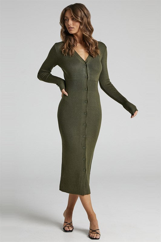 MDX Haki Buttoned V-Neck Long Knit Dress MG1703 - Westmont