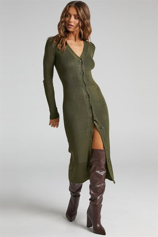 MDX Haki Buttoned V-Neck Long Knit Dress MG1703 - Westmont