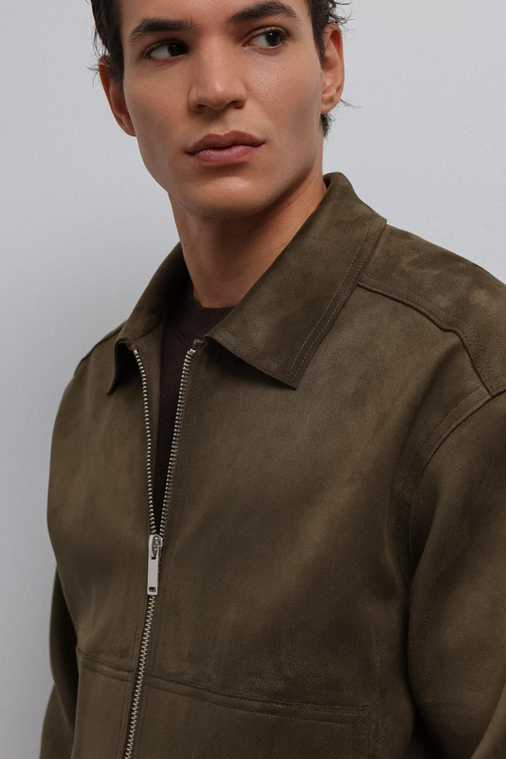 ANT Antioch Khaki Zippered Faux Suede Men's Jacket - Portsmouth