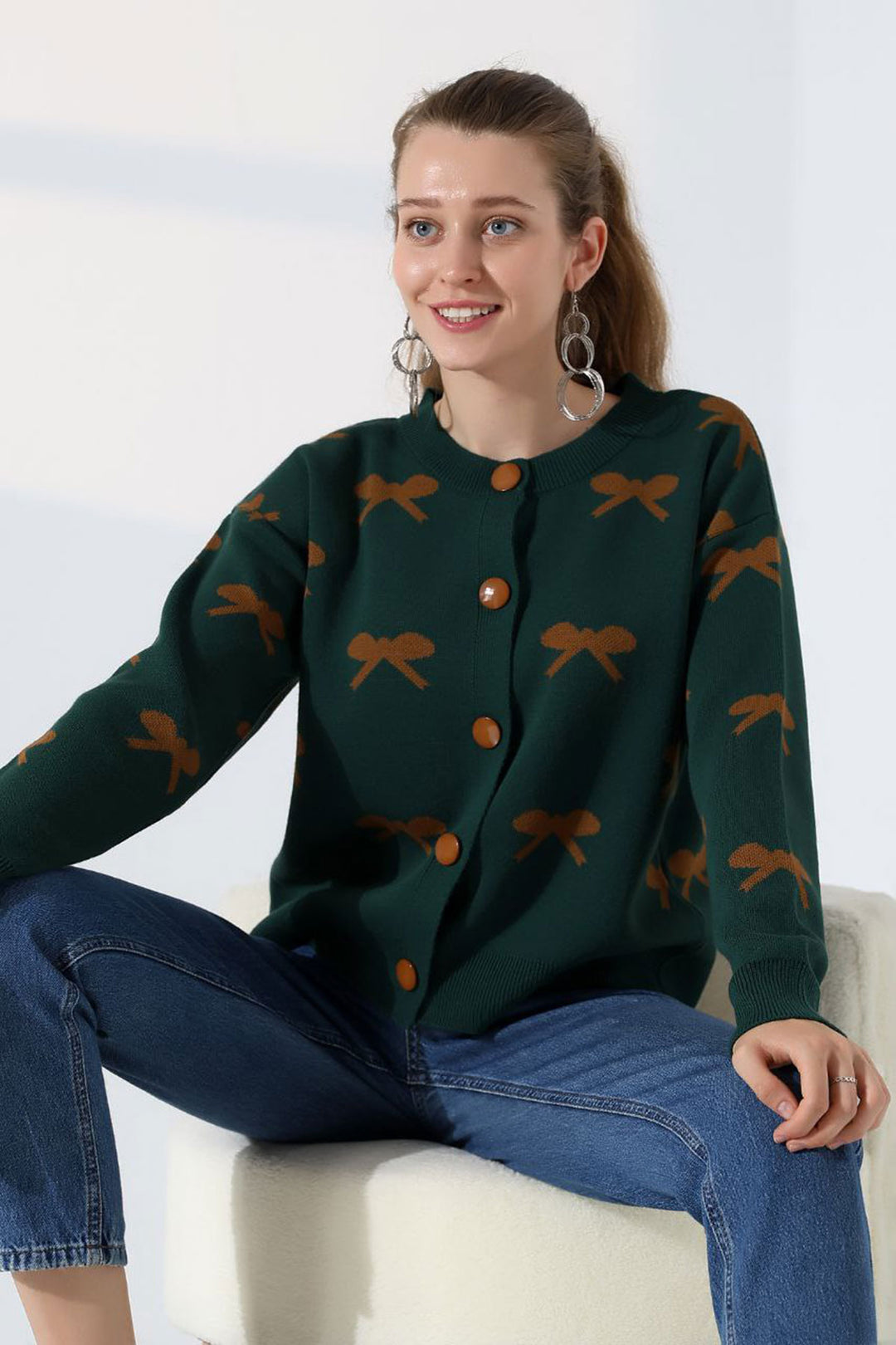 Haki Bow Patterned Buttoned Cardigan BCES-252044 - Mechelen-aan-de-Maas