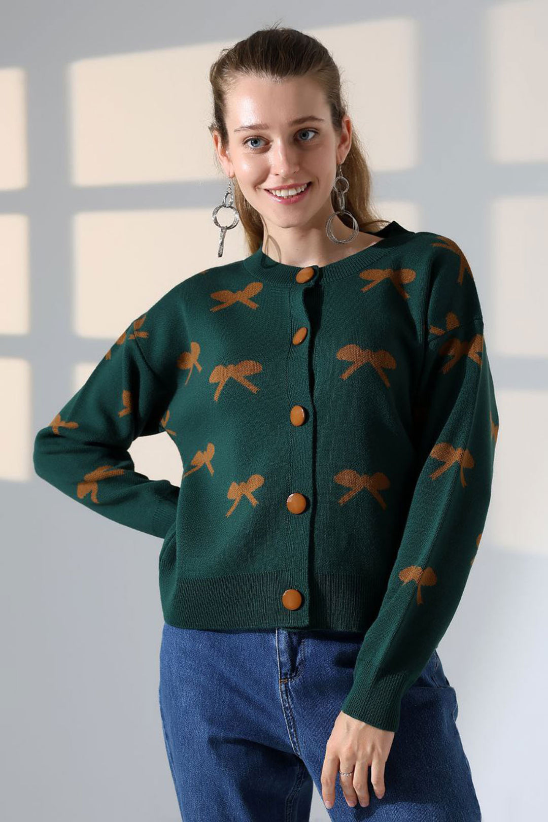 Haki Bow Patterned Buttoned Cardigan BCES-252044 - Mechelen-aan-de-Maas