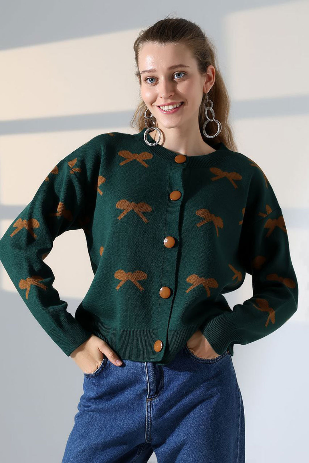 Haki Bow Patterned Buttoned Cardigan BCES-252044 - Mechelen-aan-de-Maas