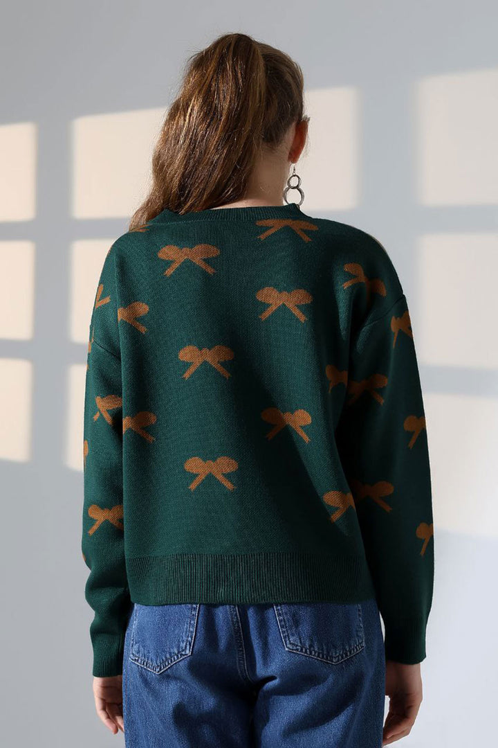 Haki Bow Patterned Buttoned Cardigan BCES-252044 - Mechelen-aan-de-Maas