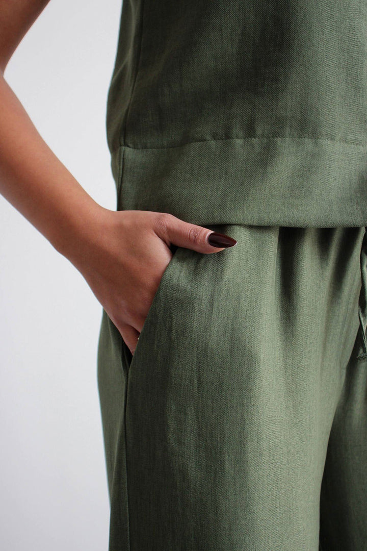 Haki Hakim Yaka Bluz Ve Beli Lastikli Dokuma Pantolon Alt Üst Takım BCHN-2626821 - Falkirk