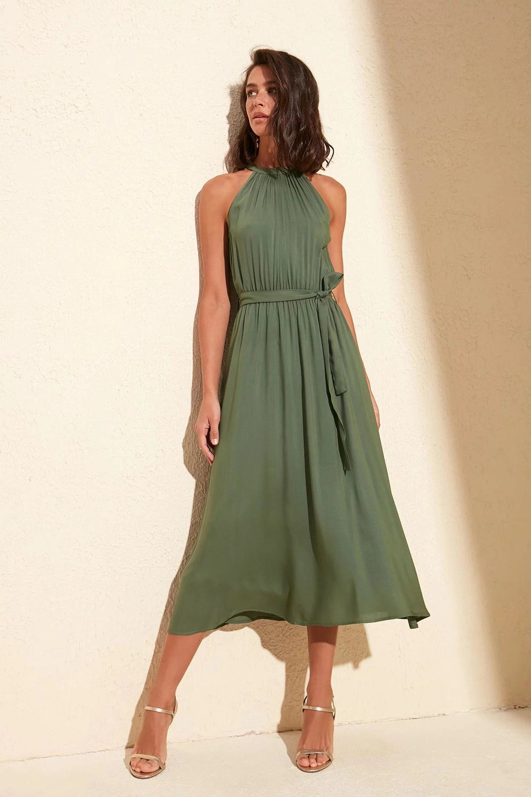 Haki Halter Neck Shoulder Decollete Belted Dress BCBSK-25700-K5330 - Wilkes-Barre