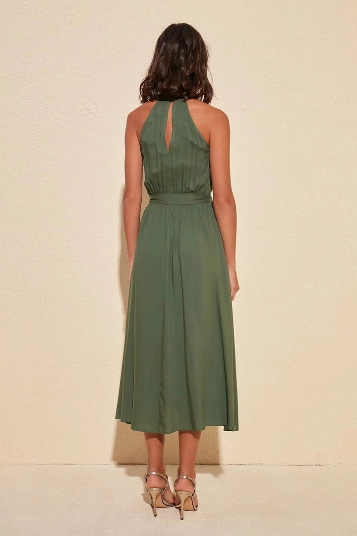 Haki Halter Neck Shoulder Decollete Belted Dress BCBSK-25700-K5330 - Wilkes-Barre