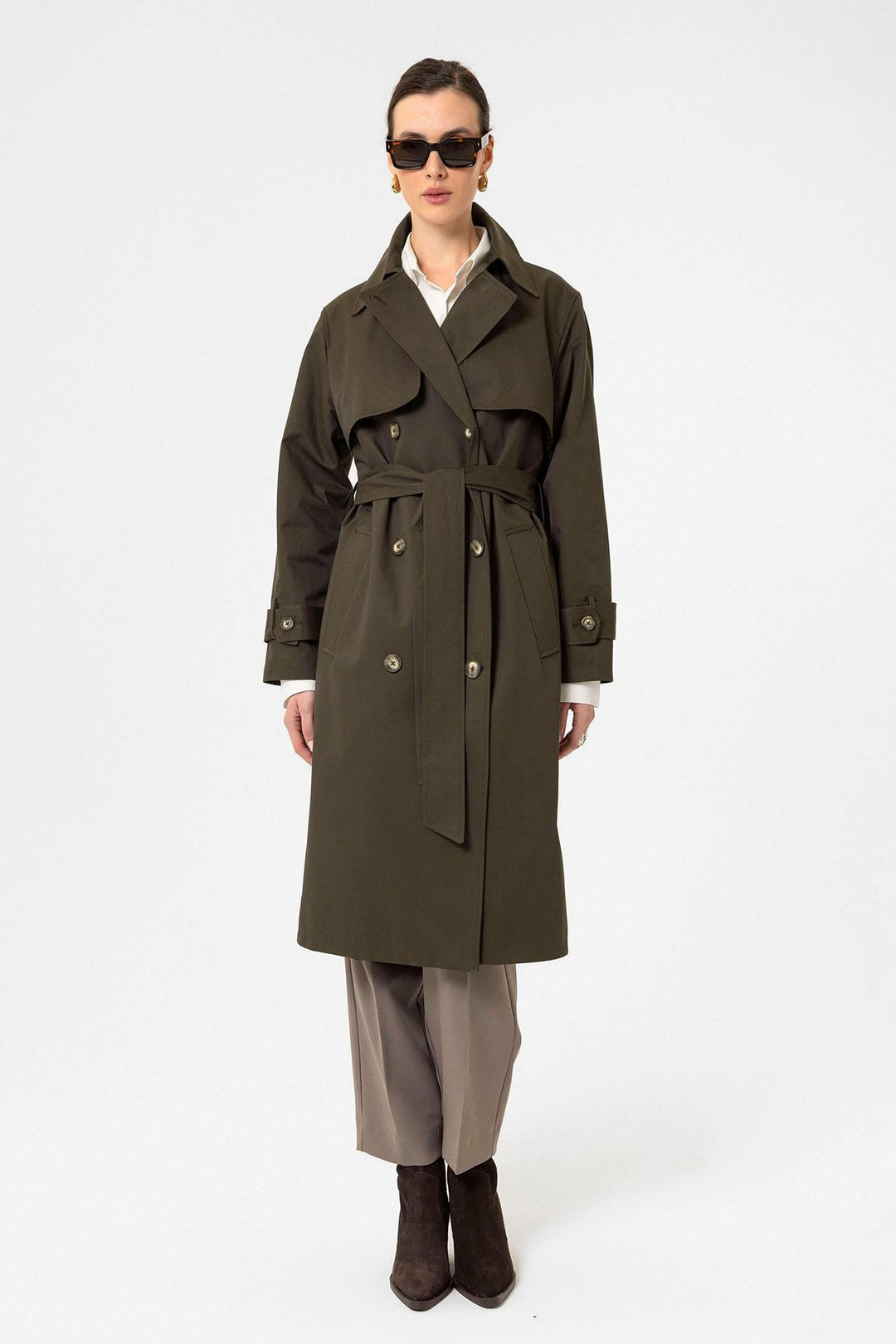 ANT Antioch Khaki Women's Wrap Closure Belted Trench Coat - Creil