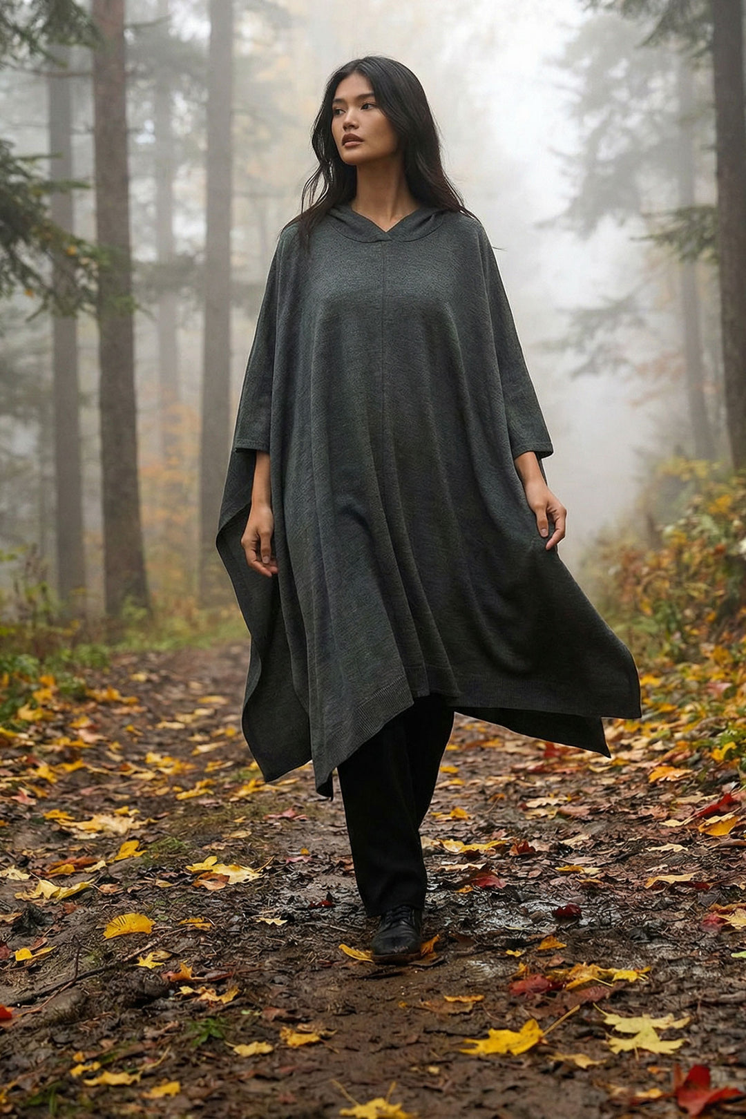 Haki Hooded Slit Knit Poncho BCHPK-251245 - Okhtyrka