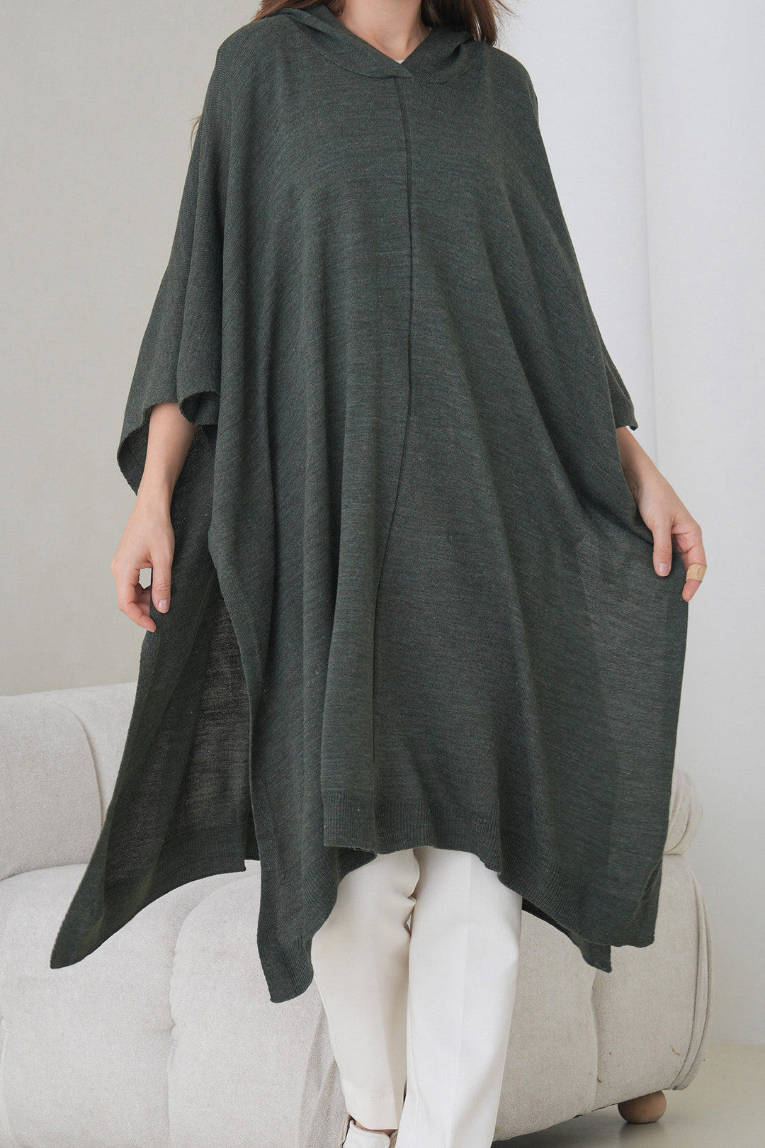 Haki Hooded Slit Knit Poncho BCHPK-251245 - Okhtyrka