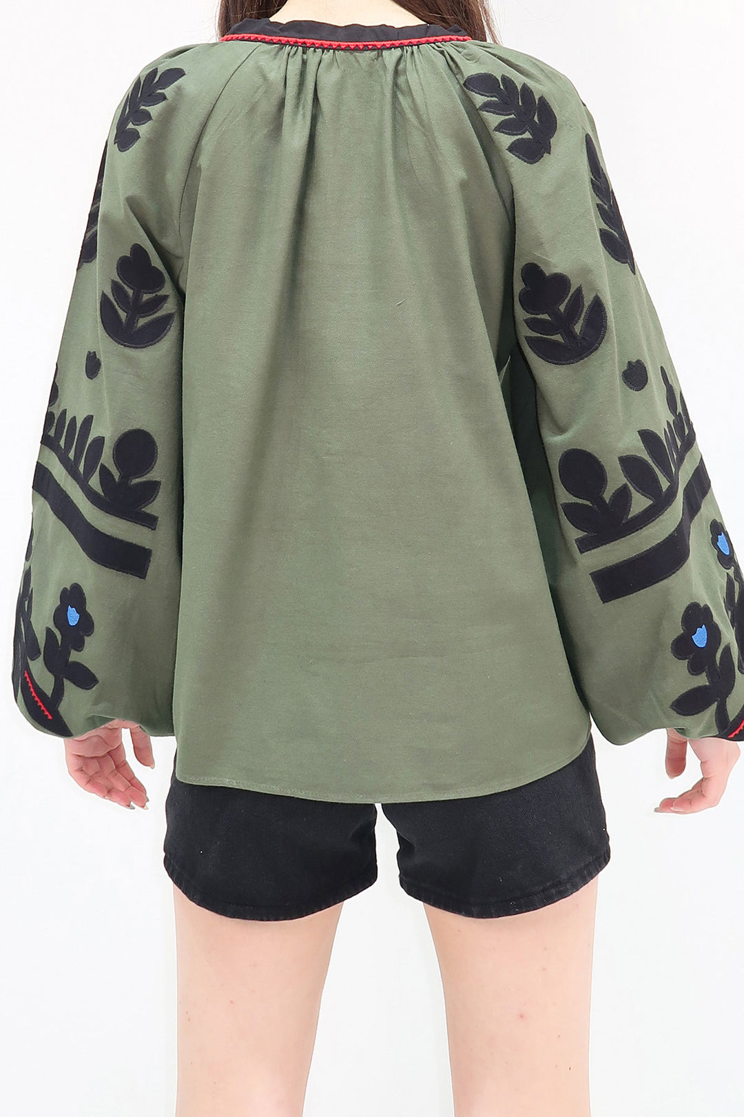 Haki Boat Neck Tassel Detailed Embroidered Balloon Sleeve Woven Blouse BCHESQ-251107 - Versailles