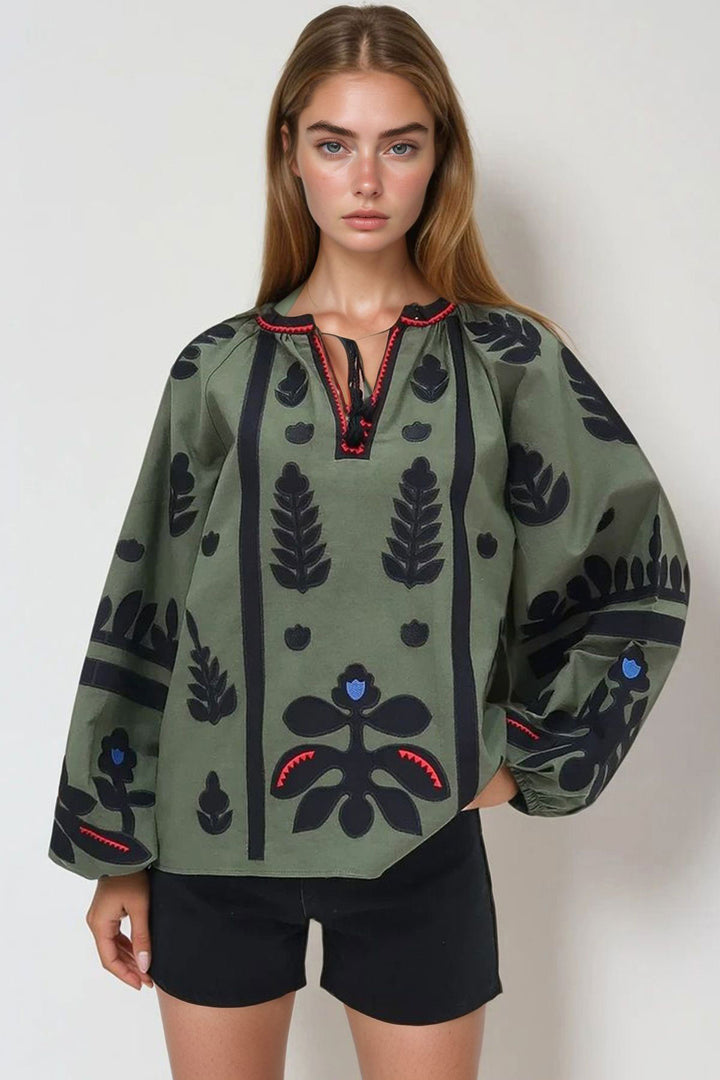 Haki Boat Neck Tassel Detailed Embroidered Balloon Sleeve Woven Blouse BCHESQ-251107 - Versailles