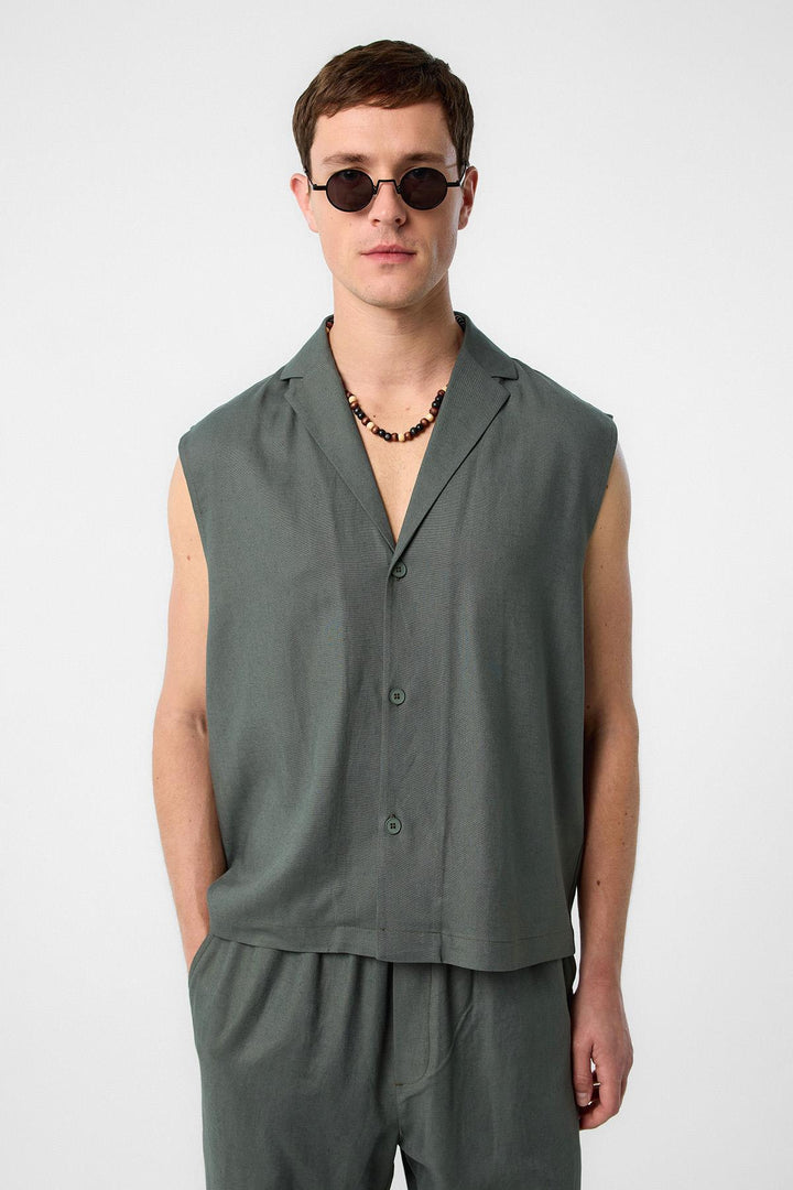 ANT Antioch Haki Linen Blend Sleeveless Men's Shirt - Woodbridge
