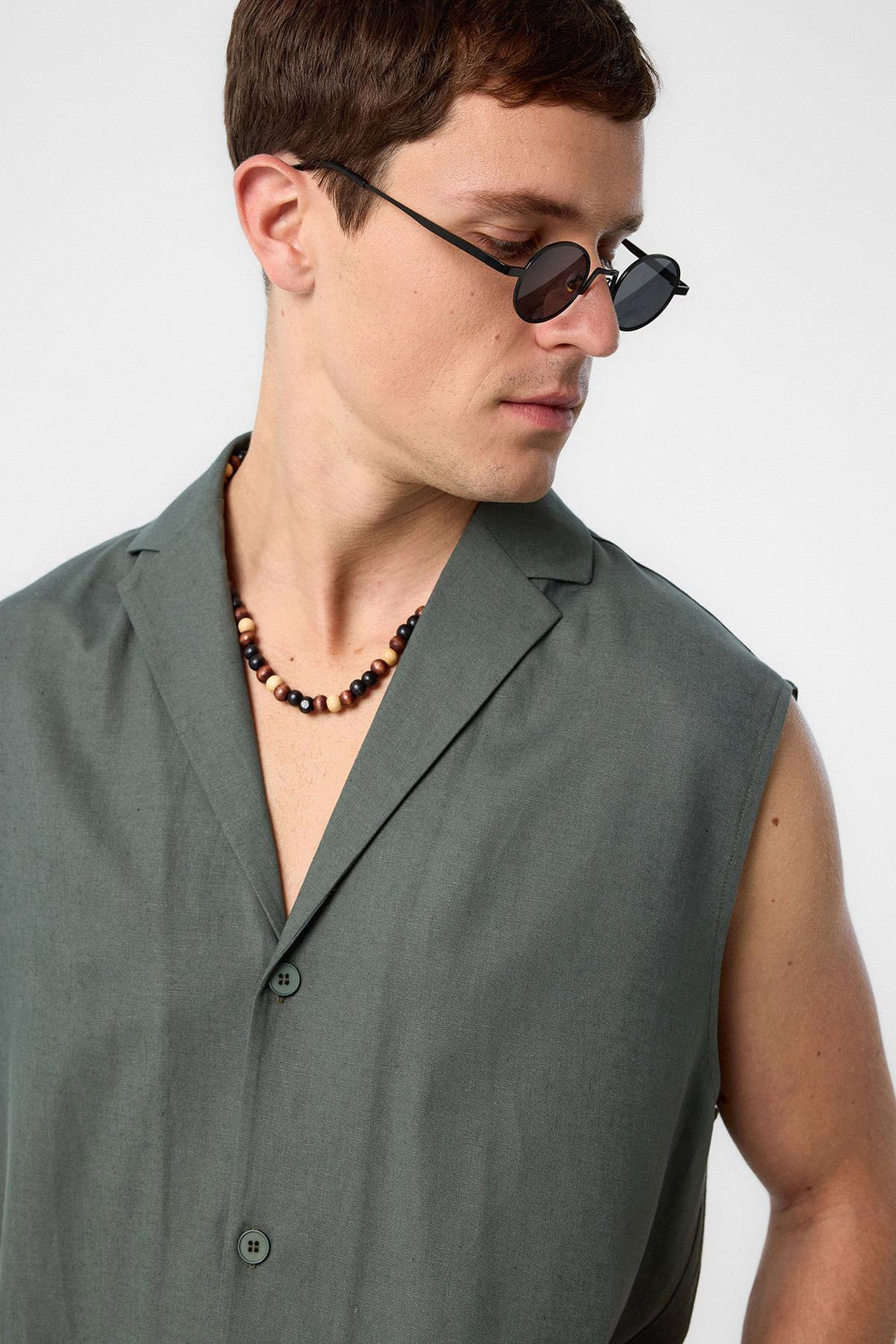 ANT Antioch Haki Linen Blend Sleeveless Men's Shirt - Rimini