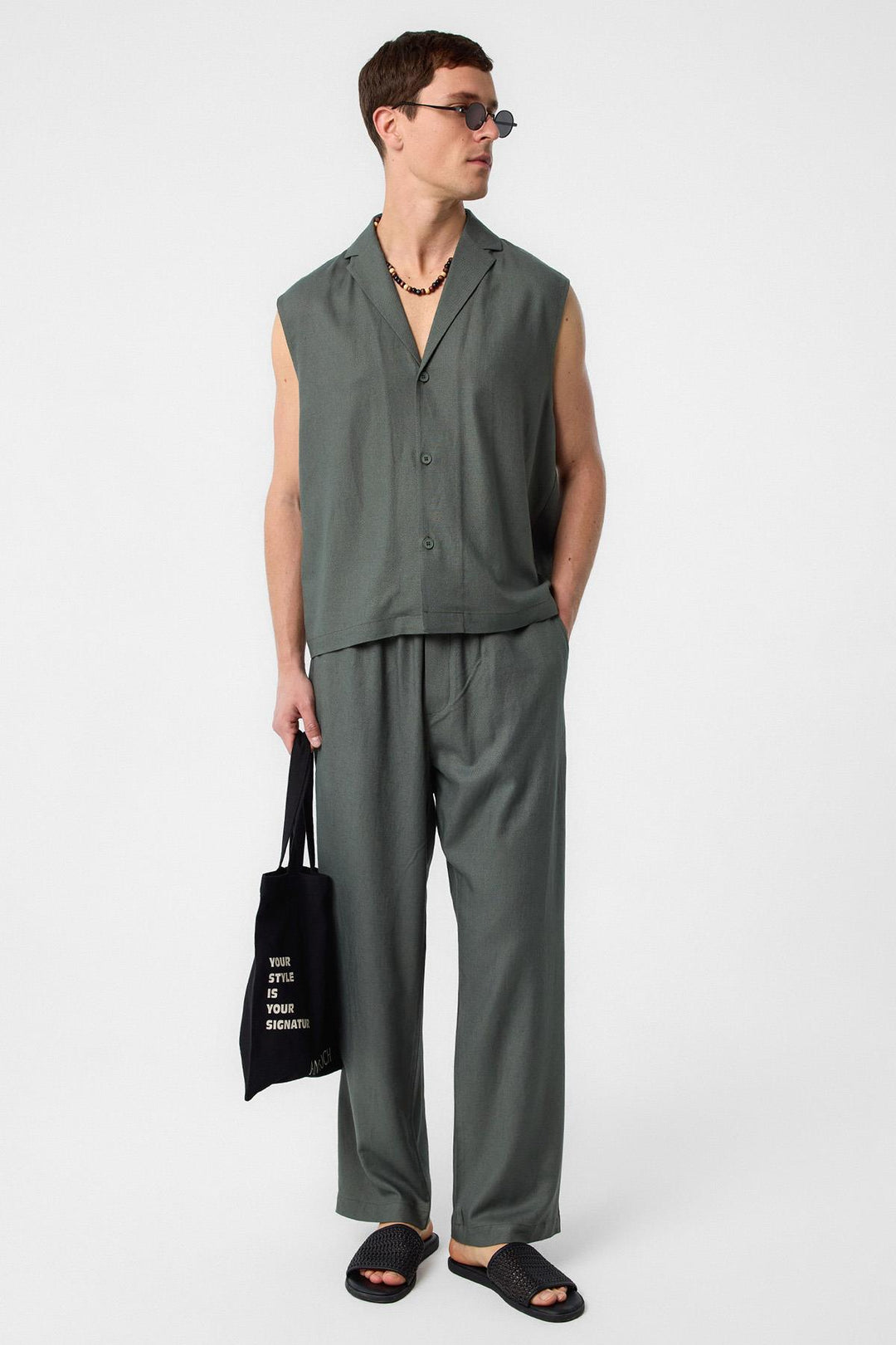 ANT Antioch Haki Linen Blend Sleeveless Men's Shirt - Woodbridge