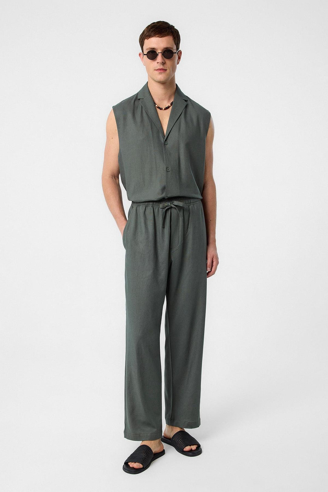ANT Antioch Haki Linen Blend Sleeveless Men's Shirt - Rimini