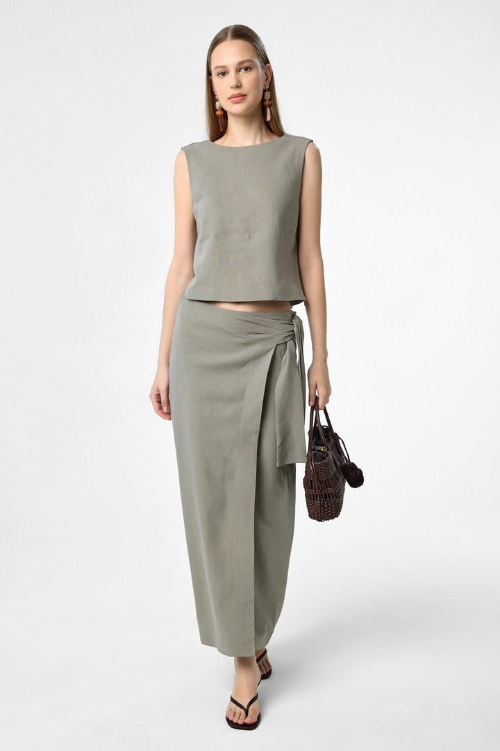 ANT Antioch Haki Belted Skirt with Linen Blend - Kenton