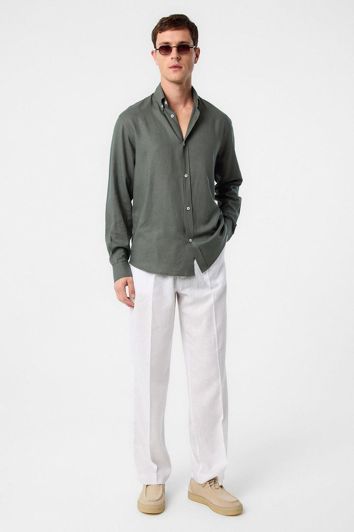 ANT Antioch Men's Shirt with Haki Linen Collar and Buttoned Neck - Gravesend