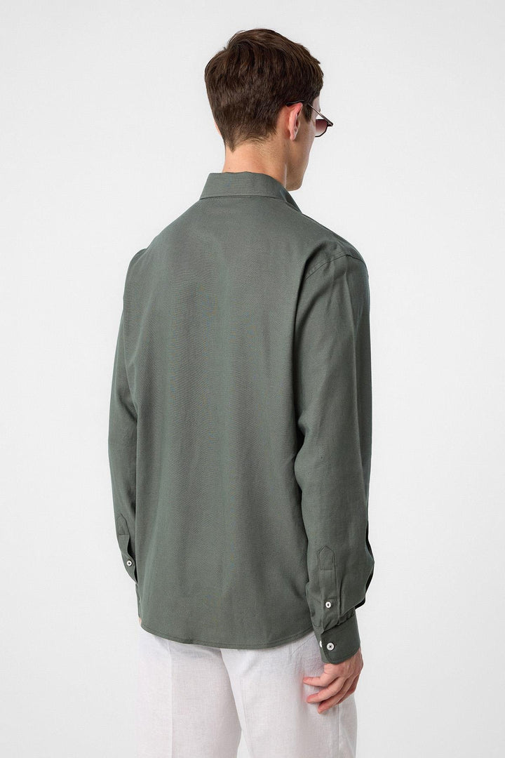 ANT Antioch Men's Shirt with Haki Linen Collar and Buttoned Neck - Gravesend