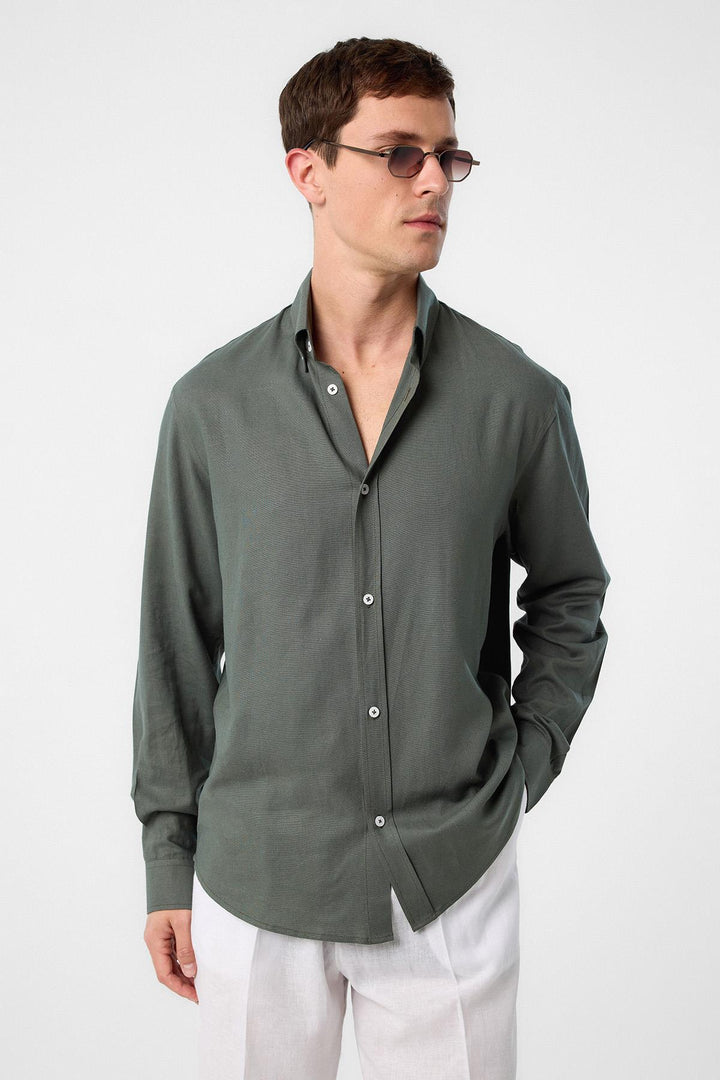 ANT Antioch Men's Shirt with Haki Linen Collar and Buttoned Neck - Gravesend