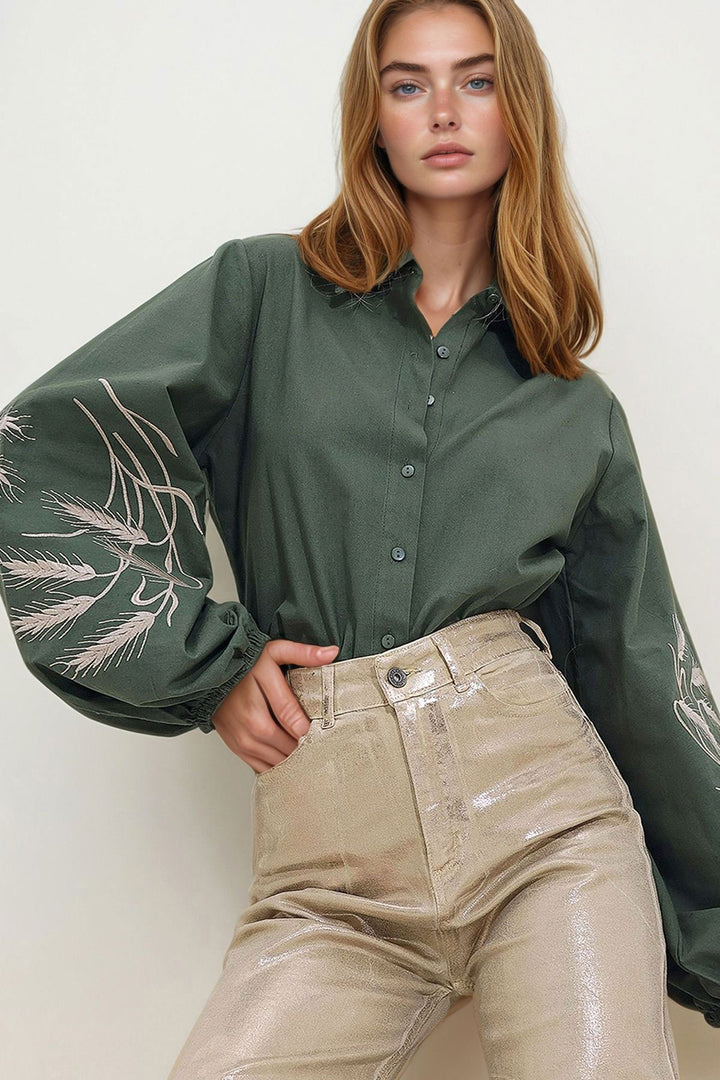 Poplin Weave Shirt with Embroidered Khaki Sleeves BCHESQ-251033 - Prattville