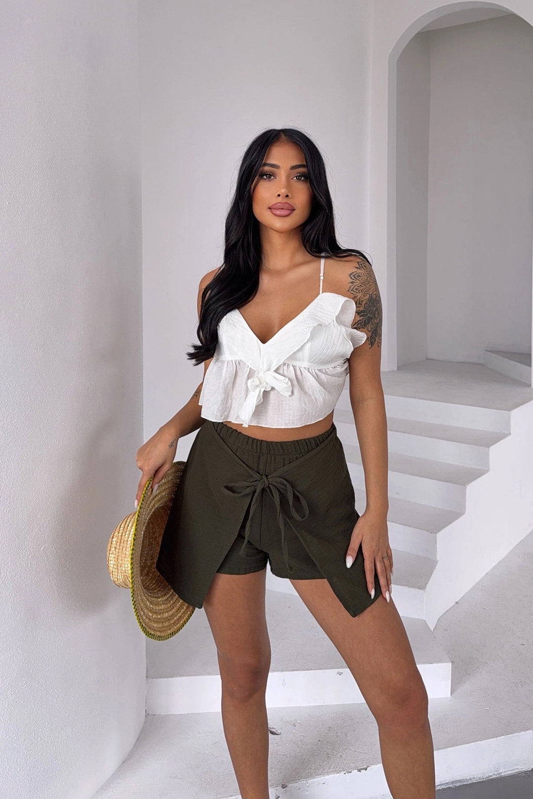 Haki Crisscross Tied Muslin Fabric Linen Woven Shorts BCBT-251002 - Lancaster