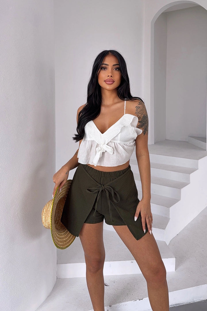 Haki Crisscross Tied Muslin Fabric Linen Woven Shorts BCBT-251002 - Lancaster